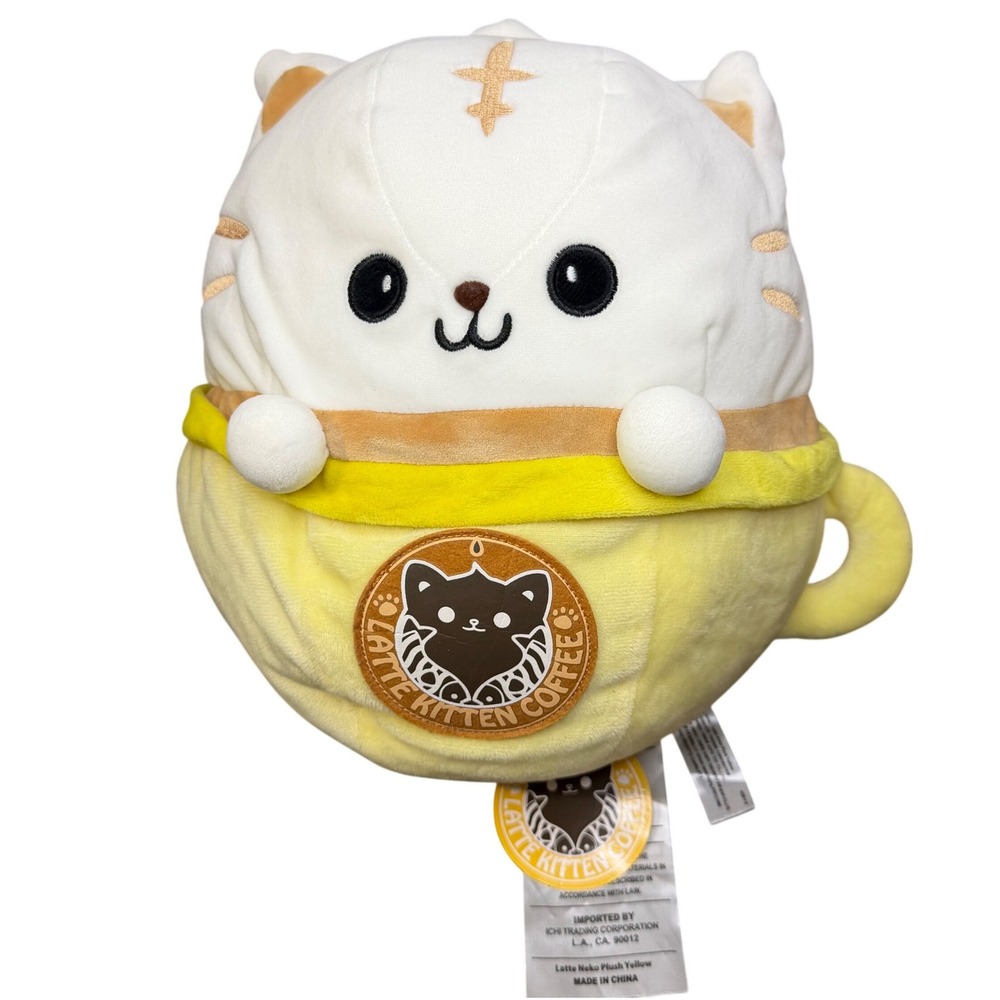 Ichi Trading Latte Neko Plush Toy Unisex 11" Yellow Coffee Cup Cat Squishy